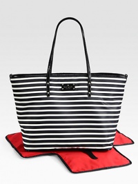 A chic, striped baby bag with matching changing pad that makes mommy look stylish and sophisticated.Double top handles, approximately 10 dropSpring clip strap top closeStroller clipsOne inside open pocketOne inside zip pocketBright, wipe-clean liningJersey-backed nylon with patent leather trim12½W X 14¾H X 7DImported A chic, striped baby bag with matching changing pad that makes mommy look stylish and sophisticated.Double top handles, approximately 10 dropSpring clip strap top closeStroller clipsOne inside open pocketOne inside zip pocketBright, wipe-clean liningJersey-backed nylon with patent leather trim12½W X 14¾H X 7DImported