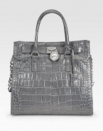 Glazed croc-embossed leather, cinched at the sides and finished with polished hardware.Double top handles, 5 drop Chain and leather shoulder strap, 11 drop Magnetic top closure Protective metal feet One inside zip pocket Four inside open pockets Logo-print lining 14W X 13H X 4½D Imported