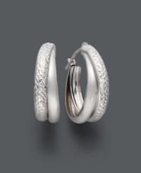 Sleek elegance with a modern spin. Traditional hoops take on an updated look with a doubled design in polished and textured 14k white gold. Approximate diameter: 3/4 inch. Sleek elegance with a modern spin. Traditional hoops take on an updated look with a doubled design in polished and textured 14k white gold. Approximate diameter: 3/4 inch.