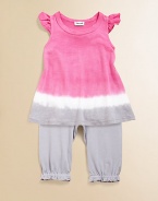 A charming ombré tunic meets a cozy pair of matching pants with ruffled trim for a cute and colorful ensemble.Round necklineRuffled cap sleevesPullover styleElastic waist and hem50% pima cotton/50% modalMachine washImported