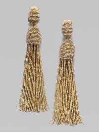 A bold seed beaded fringe design with clip-on backs.Hematite Length, about 5 Clip-on backs Imported A bold seed beaded fringe design with clip-on backs.Hematite Length, about 5 Clip-on backs Imported