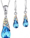 Arco Iris Rain Drop Swarovski Elements Crystal Pendant Necklace And Earrings Set for Women W White Gold Plated Chain - Blue Topaz