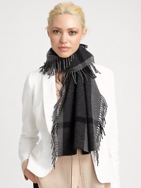 A large check pattern and fringed edges embellish this ultra-soft, woven wool and cashmere wrap.Wool/Cashmere18 X 61Dry cleanImported A large check pattern and fringed edges embellish this ultra-soft, woven wool and cashmere wrap.Wool/Cashmere18 X 61Dry cleanImported
