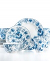 Classic style meets modern convenience in the Ionia dinnerware set by 222 Fifth. A blue-and-white floral pattern with delicate ruffled edges defines dishwasher- and microwave-safe porcelain plates, bowls and mugs for four.