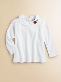 A delicate picot trim and floral appliqué adds charm to this versatile knit top.Peter pan collarLong sleevesBack zipperRuffled hemCottonMachine washImported A delicate picot trim and floral appliqué adds charm to this versatile knit top.Peter pan collarLong sleevesBack zipperRuffled hemCottonMachine washImported