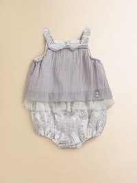 Lavish pleats, ruffles and tulle take this one-piece, bubble silhouette to a more elegant place.Ruffled squareneckSleevelessPleated overlayElastic leg openingsCottonMachine washImported Please note: Number of snaps may vary depending on size ordered. Additional InformationKid's Apparel Size Guide Lavish pleats, ruffles and tulle take this one-piece, bubble silhouette to a more elegant place.Ruffled squareneckSleevelessPleated overlayElastic leg openingsCottonMachine washImported Please note: Number of snaps may vary depending on size ordered. Additional InformationKid's Apparel Size Guide