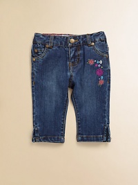 A vivid floral embroidery adorns these slightly faded jeans with adjustable waistband and a little stretch for the perfect fit.Front button closureAdjustable waistband with belt loopsZip flyFive-pocket styleSide-vented hem98% cotton/2% spandexMachine washImported A vivid floral embroidery adorns these slightly faded jeans with adjustable waistband and a little stretch for the perfect fit.Front button closureAdjustable waistband with belt loopsZip flyFive-pocket styleSide-vented hem98% cotton/2% spandexMachine washImported