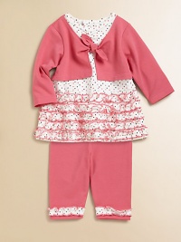 A ruffled, polka-adorned tunic with attached faux cardi is paired with matching leggings for a charming ensemble. Tunic CrewneckLong sleevesBack snapsRuffled hem Pants Elastic waistbandRuffled hem90% cotton/10% polyesterMachine washImported Please note: Number of snaps may vary depending on size ordered. A ruffled, polka-adorned tunic with attached faux cardi is paired with matching leggings for a charming ensemble. Tunic CrewneckLong sleevesBack snapsRuffled hem Pants Elastic waistbandRuffled hem90% cotton/10% polyesterMachine washImported Please note: Number of snaps may vary depending on size ordered.