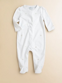 A cozy footed coverall, with a full-snap front for easy on and off and sweet embroidered flowers, is crafted from soft Pima cotton.Embroidered crewneckLong puffed sleevesCovered snap frontHidden bottom snapsPima cottonMachine washImported Please note: Number of buttons/snaps may vary depending on size ordered. A cozy footed coverall, with a full-snap front for easy on and off and sweet embroidered flowers, is crafted from soft Pima cotton.Embroidered crewneckLong puffed sleevesCovered snap frontHidden bottom snapsPima cottonMachine washImported Please note: Number of buttons/snaps may vary depending on size ordered.