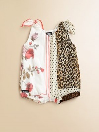 Bold leopard spots, pretty polka dots, feminine roses and durable denim come together in a charming woven romper of cool cotton.Tie shouldersRound necklineSleevelessBubble shapeDenim back patch pocketsSnap bottomElasticized leg openingsCotton liningCottonMachine washImported Bold leopard spots, pretty polka dots, feminine roses and durable denim come together in a charming woven romper of cool cotton.Tie shouldersRound necklineSleevelessBubble shapeDenim back patch pocketsSnap bottomElasticized leg openingsCotton liningCottonMachine washImported