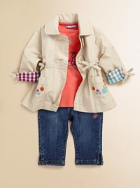 A tailored trench with girly details gets a boost of color with gingham cuffs and floral embroidery.Round collarLong sleeves with gingham cuffsButton-frontPrincess seamsGathered waistband with bowsFront patch pocketsFlared hemCottonMachine washImported Please note: Number of buttons may vary depending on size ordered. A tailored trench with girly details gets a boost of color with gingham cuffs and floral embroidery.Round collarLong sleeves with gingham cuffsButton-frontPrincess seamsGathered waistband with bowsFront patch pocketsFlared hemCottonMachine washImported Please note: Number of buttons may vary depending on size ordered.
