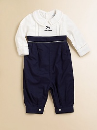 A cotton coverall is crafted with nautical-inspired touches and an embroidered rocking horse for a playful finish.Pointed Peter Pan collarLong sleeves with single-barrel cuffsBack buttonsFront patch pocketsBottom snapsAnkle button closureCottonMachine washImported Please note: Number of buttons may vary depending on size ordered. A cotton coverall is crafted with nautical-inspired touches and an embroidered rocking horse for a playful finish.Pointed Peter Pan collarLong sleeves with single-barrel cuffsBack buttonsFront patch pocketsBottom snapsAnkle button closureCottonMachine washImported Please note: Number of buttons may vary depending on size ordered.