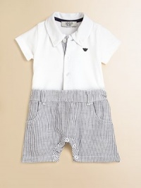 It looks like two pieces but this delightfully preppy design is actually one, with a pique polo attached to woven striped twill shorts.Button-down collarButton placket with woven trimShort sleevesEmbroidered logo on chestWaistband with belt loopsFront scoop pocketsBack patch pocketsBack logo patch at waistSnap legsCottonDry cleanImportedPlease note: Number of buttons and snaps may vary depending on size ordered. It looks like two pieces but this delightfully preppy design is actually one, with a pique polo attached to woven striped twill shorts.Button-down collarButton placket with woven trimShort sleevesEmbroidered logo on chestWaistband with belt loopsFront scoop pocketsBack patch pocketsBack logo patch at waistSnap legsCottonDry cleanImportedPlease note: Number of buttons and snaps may vary depending on size ordered.