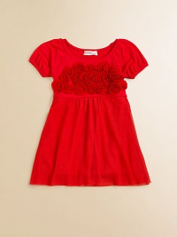 A delightful rosette-adorned bodice is paired with an airy mesh skirt for a charming ensemble.Round necklineShort puff sleevesPullover styleViscose/SpandexHand washImported A delightful rosette-adorned bodice is paired with an airy mesh skirt for a charming ensemble.Round necklineShort puff sleevesPullover styleViscose/SpandexHand washImported