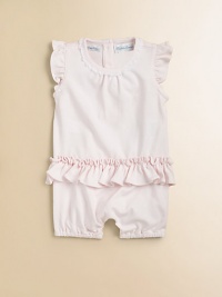 This darling one-piece is crafted for warm-weather comfort in a soft Pima cotton in a bubble silhouette with sweet ruffles.Round neckline with lace trimFlutter sleevesButton-backRuffled hip trimConcealed bottom snapsCottonMachine washImported Please note: Number of buttons/snaps may vary depending on size ordered. This darling one-piece is crafted for warm-weather comfort in a soft Pima cotton in a bubble silhouette with sweet ruffles.Round neckline with lace trimFlutter sleevesButton-backRuffled hip trimConcealed bottom snapsCottonMachine washImported Please note: Number of buttons/snaps may vary depending on size ordered.