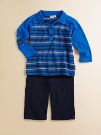 This handsome, matching set features a grown-up shirt collar, bold stripes and elbow patches. Polo top Shirt collarLong raglan sleevesButton frontElastic hem Pants Elastic waistband62% polyester/19% cotton/19% modalMachine washImported This handsome, matching set features a grown-up shirt collar, bold stripes and elbow patches. Polo top Shirt collarLong raglan sleevesButton frontElastic hem Pants Elastic waistband62% polyester/19% cotton/19% modalMachine washImported