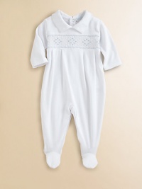 This angelic one-piece is crafted in plush pima cotton and embellished with eye-catching smocking for sweet baby style.Pointed collarLong sleevesBack snapsBottom snapsPima cottonMachine washImported Please note: Number of snaps may vary depending on size ordered. This angelic one-piece is crafted in plush pima cotton and embellished with eye-catching smocking for sweet baby style.Pointed collarLong sleevesBack snapsBottom snapsPima cottonMachine washImported Please note: Number of snaps may vary depending on size ordered.