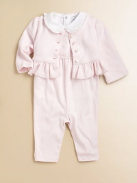 An essential set pairs an adorable embroidered overall with a soft cotton jersey bodysuit and ruffled cardigan. Bodysuit Club collarLong sleevesBack snapsBottom snaps Overall SleevelessScoopneckBack buttonsBottom snaps Cardigan ScoopneckLong sleevesButton-frontRuffled hemCottonMachine washImported Please note: Number of buttons may vary depending on size ordered. An essential set pairs an adorable embroidered overall with a soft cotton jersey bodysuit and ruffled cardigan. Bodysuit Club collarLong sleevesBack snapsBottom snaps Overall SleevelessScoopneckBack buttonsBottom snaps Cardigan ScoopneckLong sleevesButton-frontRuffled hemCottonMachine washImported Please note: Number of buttons may vary depending on size ordered.