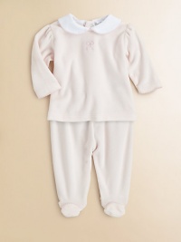 A cozy two-piece set, crafted in buttery soft velour, with bow embroidery and scalloped trim.Peter Pan collarLong puff sleevesBack snapsElastic waistband80% cotton/20% polyesterMachine washImported A cozy two-piece set, crafted in buttery soft velour, with bow embroidery and scalloped trim.Peter Pan collarLong puff sleevesBack snapsElastic waistband80% cotton/20% polyesterMachine washImported