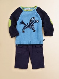 Your little boy will go wild for this cozy, cotton sweater with elbow patches, a cuddly zebra appliqué and shoulder buttons for easy on and off.CrewneckLong sleevesButton shouldersRib-knit neckline, cuffs and hemCottonMachine washImported Please note: Number of buttons may vary depending on size ordered. 