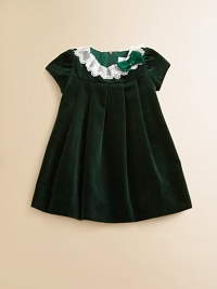 A delicate lace collar adorns the neckline of this plush velvet frock with matching satin sash for a party-perfect look.Lace collarShort puff sleevesBack zipperWaistband with satin sashPleated skirtCottonMachine washImported A delicate lace collar adorns the neckline of this plush velvet frock with matching satin sash for a party-perfect look.Lace collarShort puff sleevesBack zipperWaistband with satin sashPleated skirtCottonMachine washImported