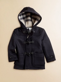 Featuring check lining, classic toggles and an attached hood, this coat made from plush wool is a cold-weather must-wear.Attached hoodLong sleeves with button cuffsToggle button closurePatch pocketsFully linedWoolDry cleanImported Please note: Number of buttons may vary depending on size ordered. 