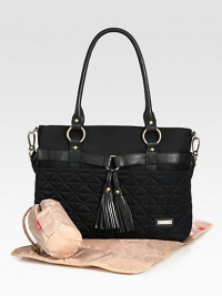A stunning style for your baby's things or for yours when your baby's outgrown it, in quilted satin with faux leather tassels and trim.Double top handles, 10 dropRemovable, adjustable webbed shoulder strap, 15-24 dropTop zip closeOutside open pocketsInside open pocketsIncludes changing pad and insulated bottle caseInside clip-on case for phone, keys, credit card or lipstickFully linedNylon17½W X 12H X 5½DImported A stunning style for your baby's things or for yours when your baby's outgrown it, in quilted satin with faux leather tassels and trim.Double top handles, 10 dropRemovable, adjustable webbed shoulder strap, 15-24 dropTop zip closeOutside open pocketsInside open pocketsIncludes changing pad and insulated bottle caseInside clip-on case for phone, keys, credit card or lipstickFully linedNylon17½W X 12H X 5½DImported
