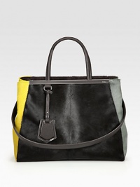 Luxurious halfcalf in a colorblock style with leather trim and signature hardware.Double leather top handles, 5½ dropDetachable leather shoulder strap, 13¼ dropSnap strap closureProtective metal feetOne zip and two open compartmentsTwo inside open pocketsFully lined14W X 10¾H X 6DMade in Italy Luxurious halfcalf in a colorblock style with leather trim and signature hardware.Double leather top handles, 5½ dropDetachable leather shoulder strap, 13¼ dropSnap strap closureProtective metal feetOne zip and two open compartmentsTwo inside open pocketsFully lined14W X 10¾H X 6DMade in Italy