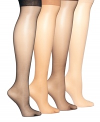 Add a subtly sheer sheen to your legs with these pretty knee highs by Hanes Silk Reflections. Add a subtly sheer sheen to your legs with these pretty knee highs by Hanes Silk Reflections.