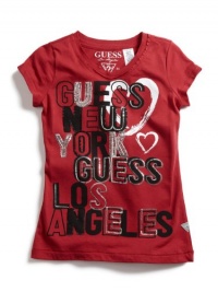 GUESS Kids Girls New York & Los Angeles V-Neck Tee &a, RED (16)