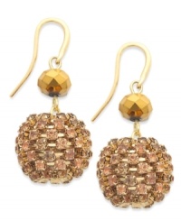 Have a ball in these textured drop earrings from Alfani. A gold tone faceted bead displays a larger, rhinestone chain-wrapped bead. Crafted in 12k gold-plated mixed metal. Approximate drop: 1-1/4 inches. Have a ball in these textured drop earrings from Alfani. A gold tone faceted bead displays a larger, rhinestone chain-wrapped bead. Crafted in 12k gold-plated mixed metal. Approximate drop: 1-1/4 inches.