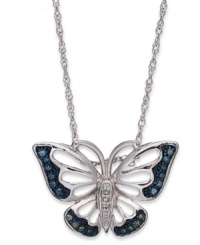 Soar to new heights of style. This butterfly pendant, set in sterling silver, sparkles with blue and green diamond accents (1/10 ct. t.w.) providing a lustrous touch. Approximate length: 18 inches. Approximate drop length: 1/2 inch. Approximate drop width: 3/4 inch. Soar to new heights of style. This butterfly pendant, set in sterling silver, sparkles with blue and green diamond accents (1/10 ct. t.w.) providing a lustrous touch. Approximate length: 18 inches. Approximate drop length: 1/2 inch. Approximate drop width: 3/4 inch.