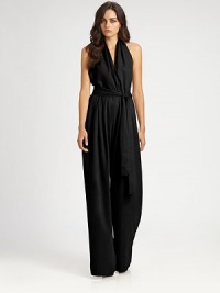 Gorgeous matte tencel cut in a sophisticated halter jumpsuit finished with soft pleating and a waist-nipping belt.Halter necklineCrossover bodiceSelf beltOpen backCenter back zipperBack welt pocketsAbout 65 from shoulder to hemTencelDry cleanImportedModel shown is 5'9 (175cm) wearing US size 4. Gorgeous matte tencel cut in a sophisticated halter jumpsuit finished with soft pleating and a waist-nipping belt.Halter necklineCrossover bodiceSelf beltOpen backCenter back zipperBack welt pocketsAbout 65 from shoulder to hemTencelDry cleanImportedModel shown is 5'9 (175cm) wearing US size 4.