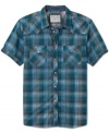 Do you say gas or petrol? Vintage fitted snap button short sleeve multi-tonal plaid shirt by Guess Jeans.