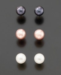 Cultured freshwater pearls are the perfect choice for so many occasions. This versatile earring set includes three subtle, luminous shades of white, pink and gray, to coordinate with virtually any attire or mood. Pearls measure 5.5 x 6mm and are mounted on post-style settings of 14K gold. Cultured freshwater pearls are the perfect choice for so many occasions. This versatile earring set includes three subtle, luminous shades of white, pink and gray, to coordinate with virtually any attire or mood. Pearls measure 5.5 x 6mm and are mounted on post-style settings of 14K gold.