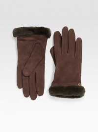 Keep your fingers toasty with this luxurious shearling-trimmed style. Dyed sheepskin shearlingSuedeCashmere linedAbout 9½ longSpecialist dry cleanImportedFur origin: Spain Keep your fingers toasty with this luxurious shearling-trimmed style. Dyed sheepskin shearlingSuedeCashmere linedAbout 9½ longSpecialist dry cleanImportedFur origin: Spain