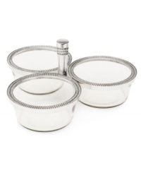 Arthur Court gives your table a stylish edge that's also eco friendly with the Perla 3-bowl server. Recycled glass trimmed in beaded aluminum is ideal for serving a variety of dips, snacks and sides. Arthur Court gives your table a stylish edge that's also eco friendly with the Perla 3-bowl server. Recycled glass trimmed in beaded aluminum is ideal for serving a variety of dips, snacks and sides.