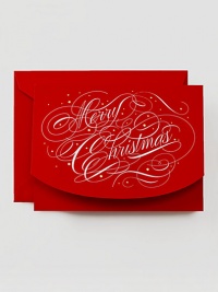 Elegant swirls of white spelling Merry Christmas dotted with gold on this cheery red card convey the magic of the season. Inside reads May your season be merry and bright engraved in white ink.Set of 10 cards5.5 X 7.38Made in USA Elegant swirls of white spelling Merry Christmas dotted with gold on this cheery red card convey the magic of the season. Inside reads May your season be merry and bright engraved in white ink.Set of 10 cards5.5 X 7.38Made in USA
