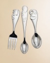 Perfect for the little explorer who's fascinated with the wild creatures found in the jungles and rainforests. Part of the Jungle Parade Collection, this easy-care stainless steel set features a fork with a rhino handle, a feeding spoon with a hippo and spoon with an elephant. Make feeding time fun with these happy animals!Elegantly gift boxedStainless steelFork & spoon, 4.5LInfant feeding spoon: 5.5LDishwasher safeImported