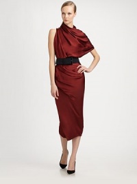 Lustrous satin, tailored in a fluid, asymmetrical silhouette offset by a bold contrast belt.High, modified cowl necklineSingle cap sleeve with back cutout detailDraped bodiceIncluded Bakelite-buckle beltAbout 33 from natural waistViscoseDry cleanImported of Italian fabricModel shown is 5'11 (180cm) wearing US size 4. Lustrous satin, tailored in a fluid, asymmetrical silhouette offset by a bold contrast belt.High, modified cowl necklineSingle cap sleeve with back cutout detailDraped bodiceIncluded Bakelite-buckle beltAbout 33 from natural waistViscoseDry cleanImported of Italian fabricModel shown is 5'11 (180cm) wearing US size 4.