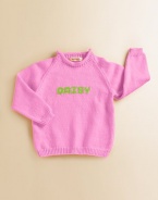 Custom-knitted sweater is a cozy layer for nippy weather. Rolled neck, ribbed cuffs Cotton; machine wash Made in USAFOR PERSONALIZATION Select a quantity, then scroll down and click on PERSONALIZE & ADD TO BAG to choose and preview your monogramming options. Please allow 4-6 weeks for delivery.