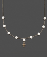 The perfect First Communion gift for a special little girl. This necklace features cultured freshwater pearls (5-6 mm) and a petite 14k gold cross charm. Set in 14k gold. Approximate length: 13 inches. Approximate drop: 1/2 inch.