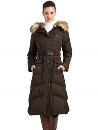 THE LOOKSnap-off faux fur trimAttached hood with faux fur liningSnap front with concealed zip closureDual front zip pocketsDual snap flap pocketsLong sleevesGathered elastic belt with buckle closureTHE FITAbout 44 from shoulder to hemTHE MATERIALShell: polyesterLining: polyesterFill: down/feathersFaux fur hood lining: acrylic/polyesterFaux fur trim: acrylic/polyester/modacrylicCARE & ORIGINMachine washMade in USAModel THE LOOKSnap-off faux fur trimAttached hood with faux fur liningSnap front with concealed zip closureDual front zip pocketsDual snap flap pocketsLong sleevesGathered elastic belt with buckle closureTHE FITAbout 44 from shoulder to hemTHE MATERIALShell: polyesterLining: polyesterFill: down/feathersFaux fur hood lining: acrylic/polyesterFaux fur trim: acrylic/polyester/modacrylicCARE & ORIGINMachine washMade in USAModel