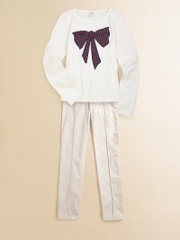A cozy cotton top is given a girly update with a polka dot-adorned, embroidered bow.CrewneckLong sleevesPullover styleCottonMachine washImported A cozy cotton top is given a girly update with a polka dot-adorned, embroidered bow.CrewneckLong sleevesPullover styleCottonMachine washImported