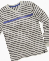 Allover stripe gives this v-neck tee from DKNY streamlined style, which means smooth sailing in the looks department. Allover stripe gives this v-neck tee from DKNY streamlined style, which means smooth sailing in the looks department.