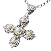 925 Silver, Freshwater Pearl Cross Pendant with 18k Gold Accents 925 Silver, Freshwater Pearl Cross Pendant with 18k Gold Accents