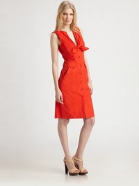 A softly-knotted bodice and oversized flap pockets shape this easy stretch cotton shift.Split necklineSleevelessGathered tie-front bodiceButton-down frontFlap and slash pocketsAbout 24 from natural waist98% cotton/2% spandexDry cleanMade in USA of imported fabricModel shown is 5'10 (177cm) wearing US size 4. A softly-knotted bodice and oversized flap pockets shape this easy stretch cotton shift.Split necklineSleevelessGathered tie-front bodiceButton-down frontFlap and slash pocketsAbout 24 from natural waist98% cotton/2% spandexDry cleanMade in USA of imported fabricModel shown is 5'10 (177cm) wearing US size 4.