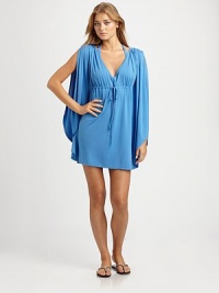From its shoulders with ultra-feminine ruching to its deep v-neckline, a coverup that is as pretty as it is comfortable.V-neckSplit sleevesPull-on styleEmpire drawstring waistFully linedAbout 21 from natural waist96% modal/4% elastaneDry cleanImported of Italian fabric From its shoulders with ultra-feminine ruching to its deep v-neckline, a coverup that is as pretty as it is comfortable.V-neckSplit sleevesPull-on styleEmpire drawstring waistFully linedAbout 21 from natural waist96% modal/4% elastaneDry cleanImported of Italian fabric