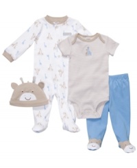 Being cute is one tall order, but he'll have no problem filling it in anything from this Carter's 4-piece coverall, bodysuit, pant and hat set. Being cute is one tall order, but he'll have no problem filling it in anything from this Carter's 4-piece coverall, bodysuit, pant and hat set.