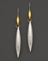 Hammered white silver drop earring cast in an oblong teardrop with 24 Kt. yellow gold accents.